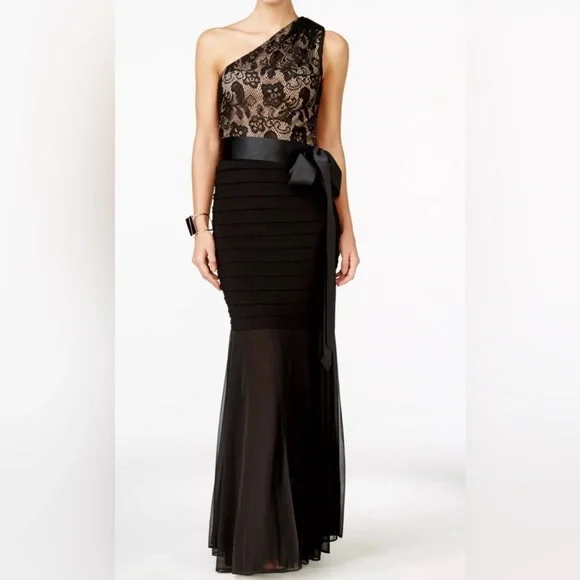 betsy and adam one shoulder lace dress Daisy Long Scuba Crepe One Shoulder Dress